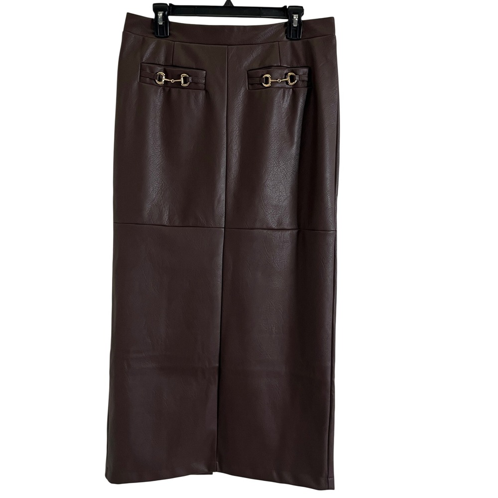 New 7 For‎ All Mankind Women's Faux Leather Midi Skirt Horsebit Size Large Brown